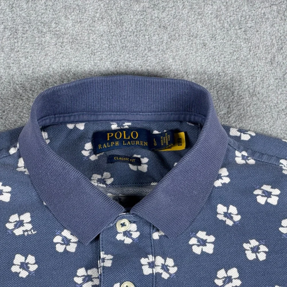Polo Ralph Lauren Men's L Classic Fit Polo Shirt Blue Floral Blue Pony Preppy